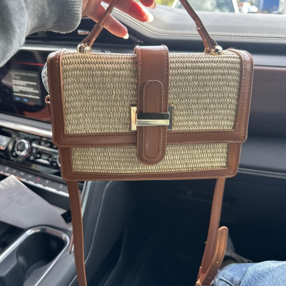Neiman Marcus Brown Straw & Leather Flap Crossbody Bag